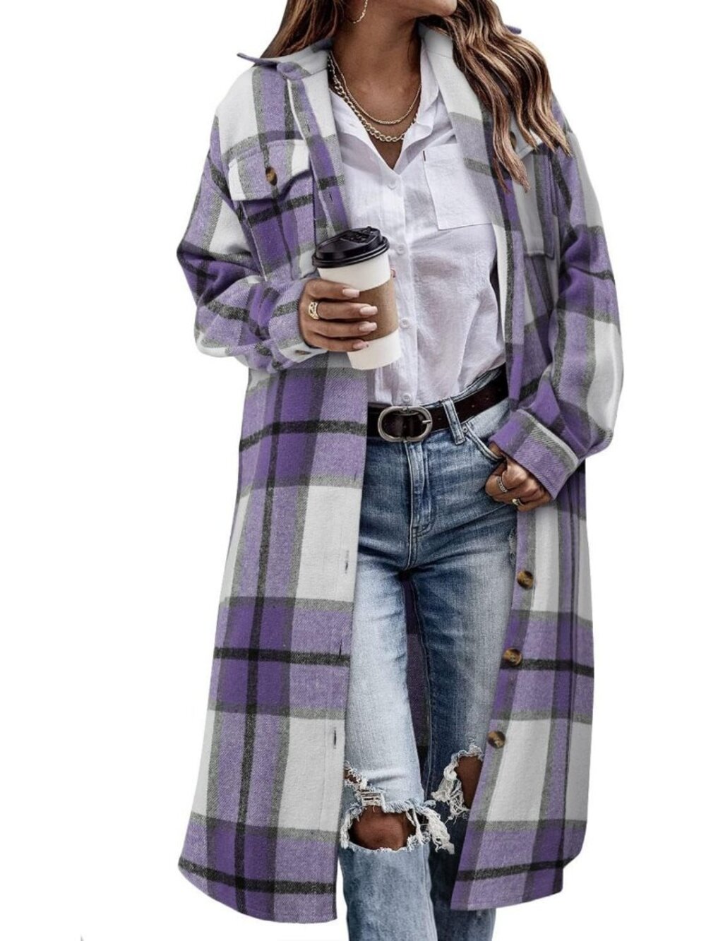 Trendy Women's Plaid Shacket | Long Flannel Shirt Jacket | Cozy Corduroy Coat